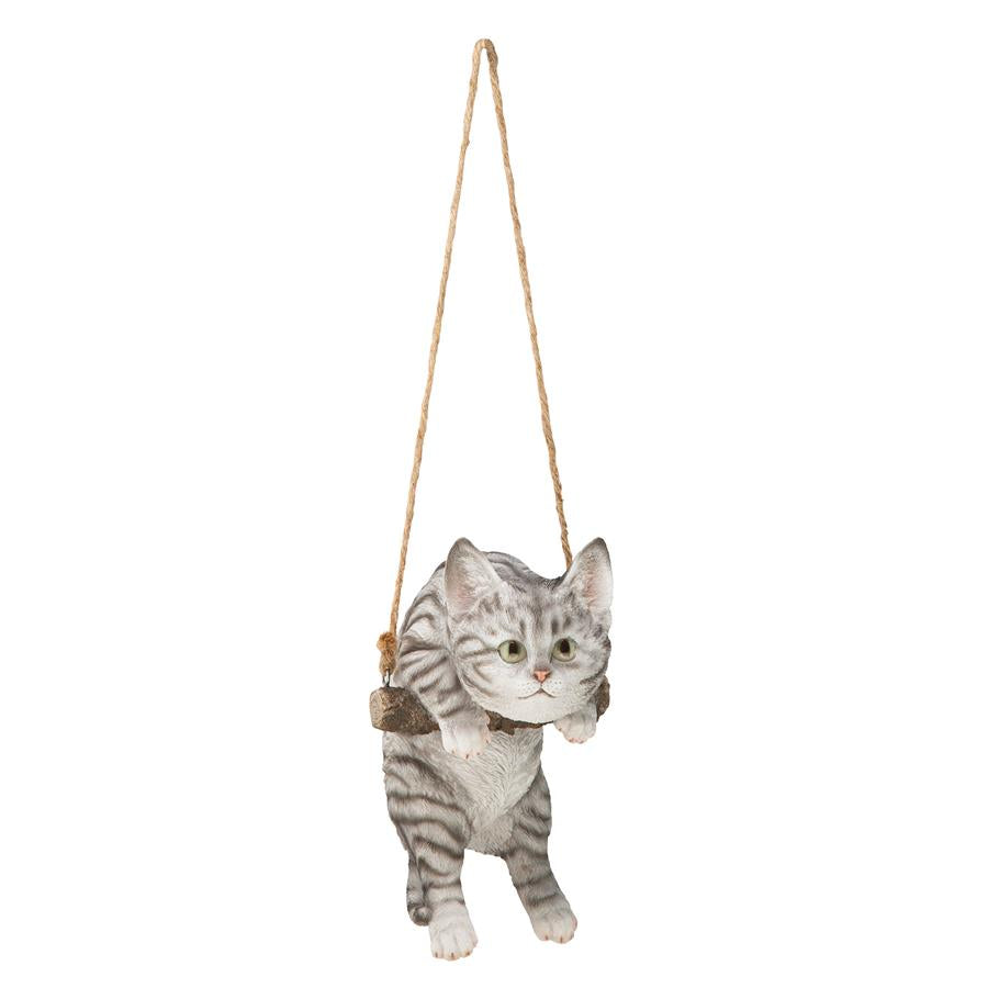 Gray Tabby Kitty on a Perch Hanging Cat Sculpture