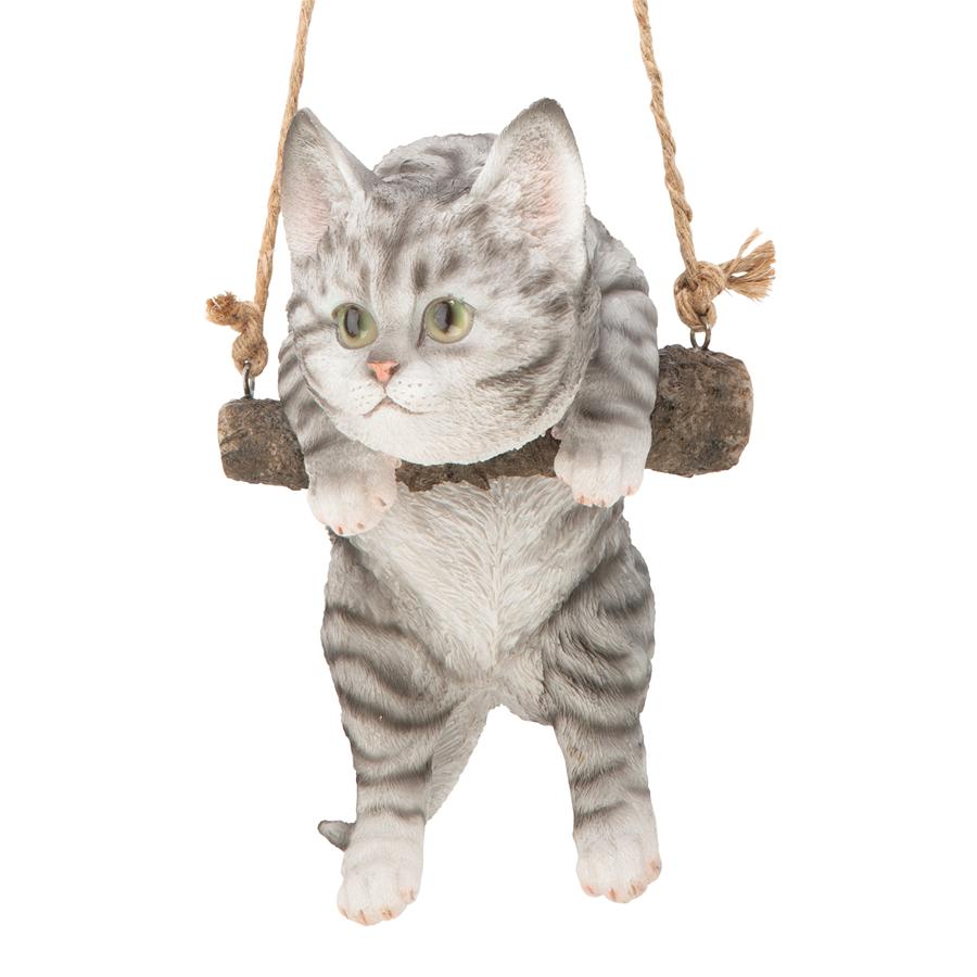 Gray Tabby Kitty on a Perch Hanging Cat Sculpture