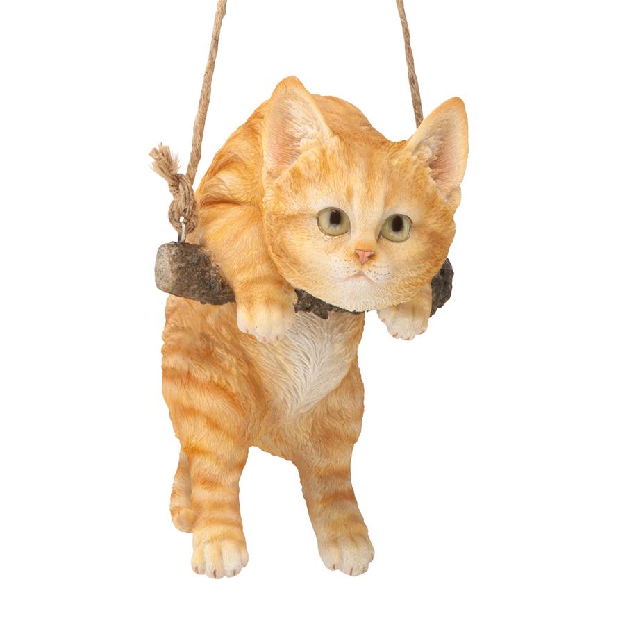 Orange Tabby Kitty on a Perch Hanging Cat Sculpture