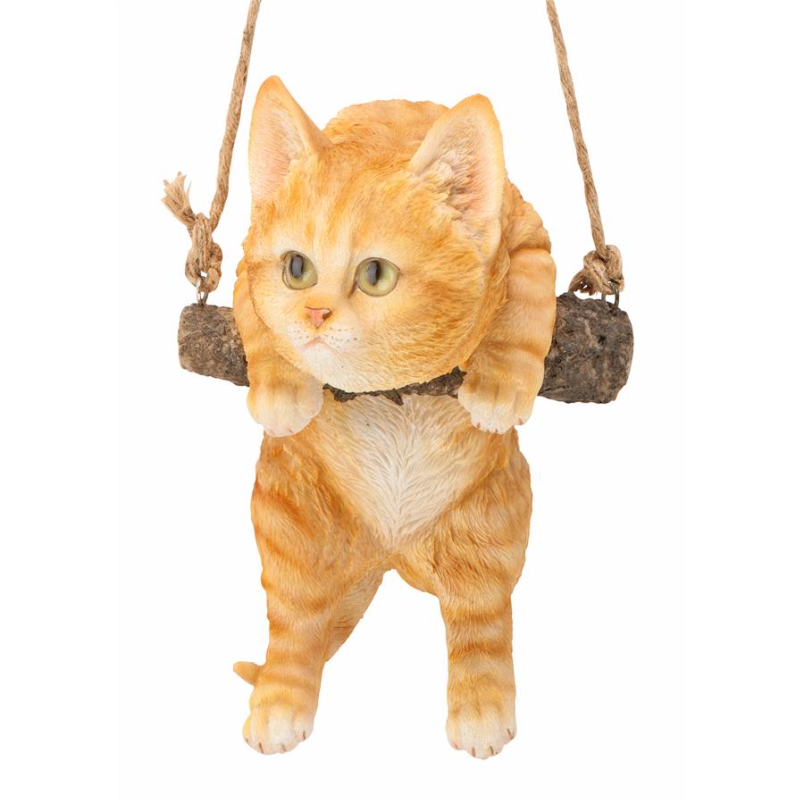 Orange Tabby Kitty on a Perch Hanging Cat Sculpture