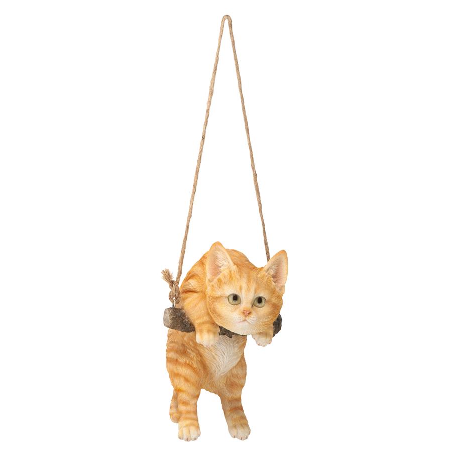 Orange Tabby Kitty on a Perch Hanging Cat Sculpture