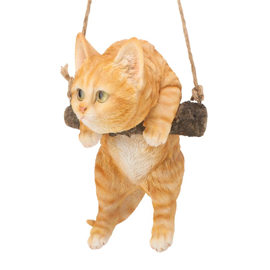 Orange Tabby Kitty on a Perch Hanging Cat Sculpture