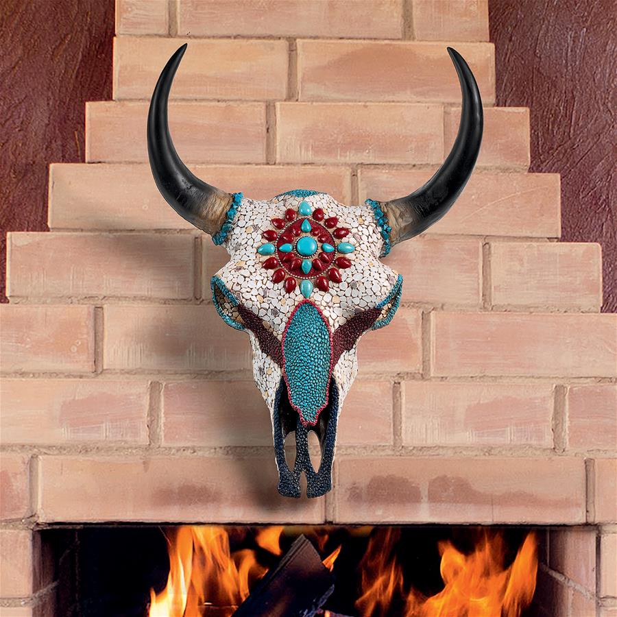 Mystic Plains Warrior Faux Gem Encrusted Cow Skull Wall Sculpture: Large