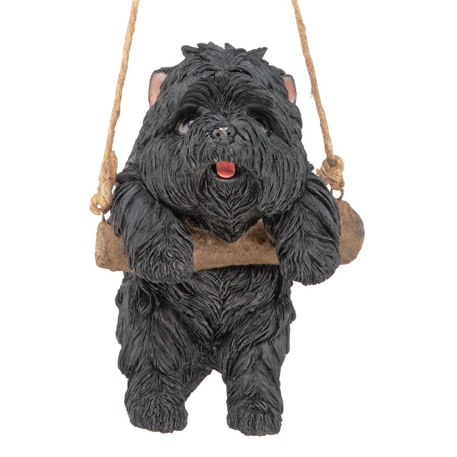 Black Westie Puppy on a Perch Hanging Dog Sculpture