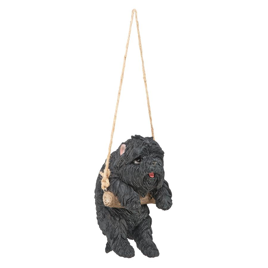 Black Westie Puppy on a Perch Hanging Dog Sculpture