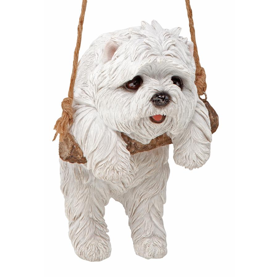 White Maltese Puppy on a Perch Hanging Dog Sculpture