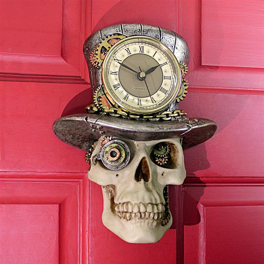 Steampunk Mad Hatter Skull Sculptural Wall Clock