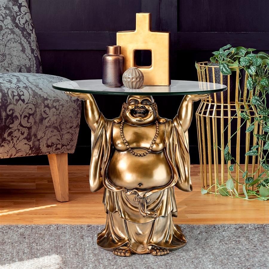 Jolly Hotei Buddha Glass-Topped Sculptural Table