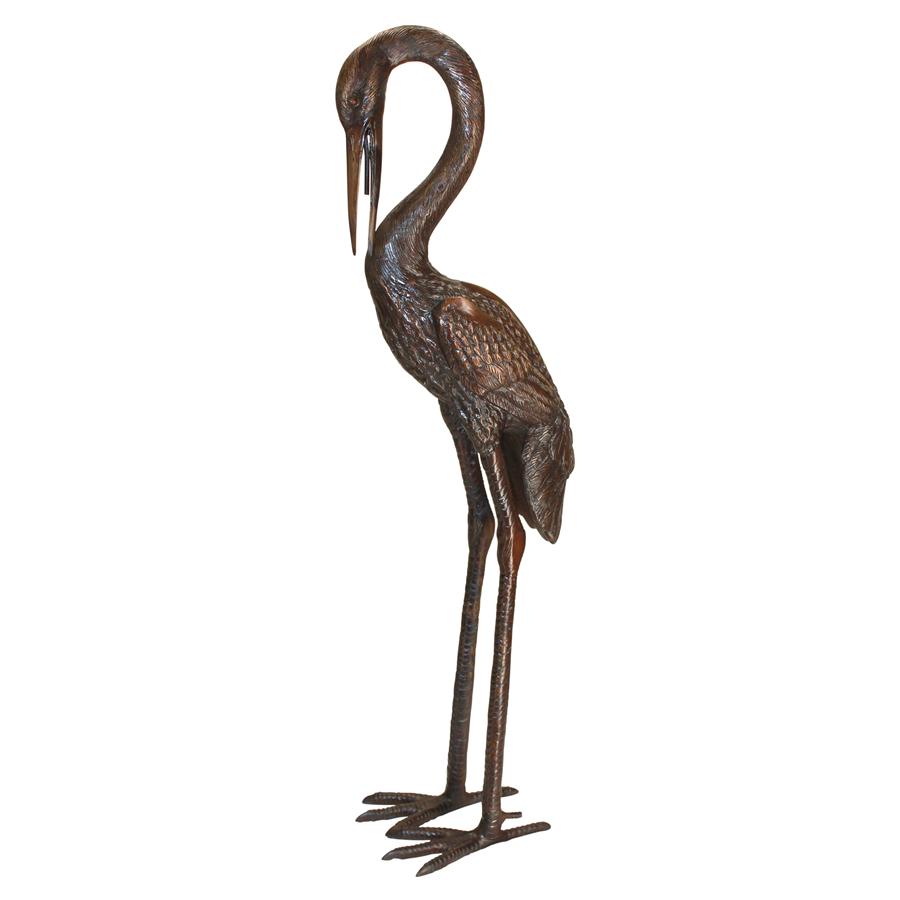 Large Heron Cast Bronze Piped Garden Statue: Head Low