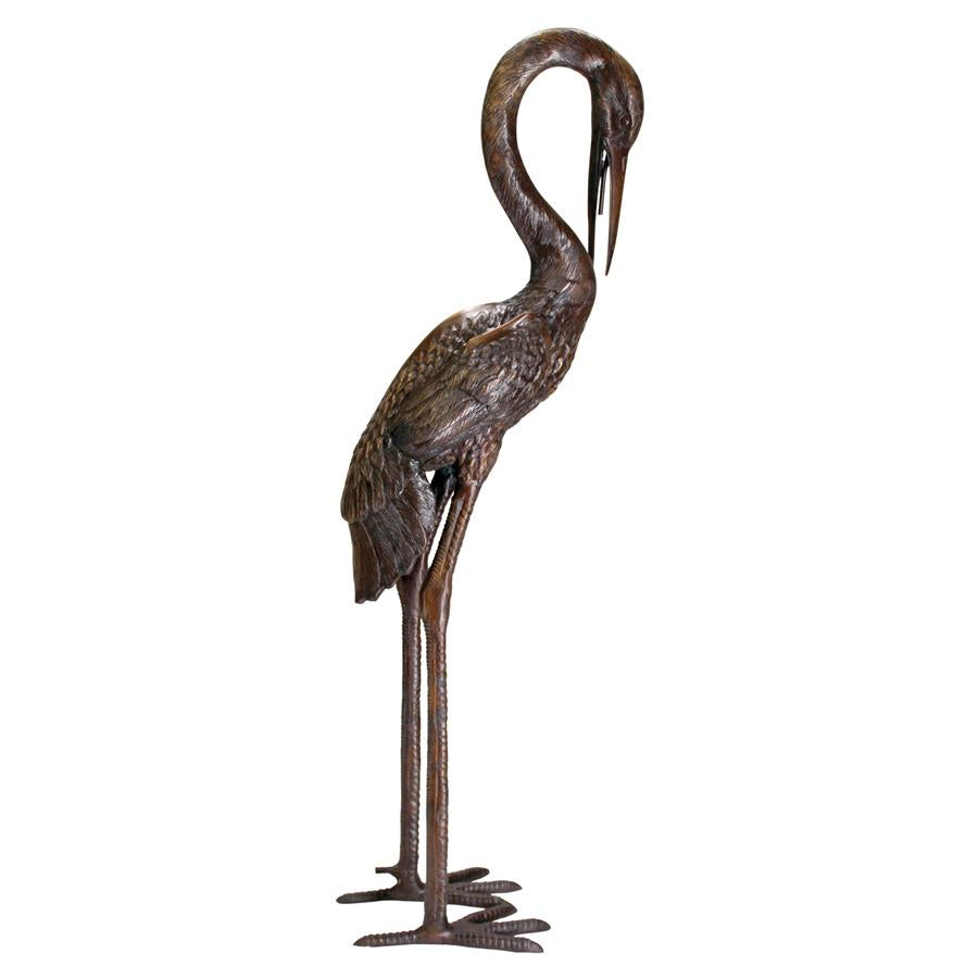 Large Heron Cast Bronze Piped Garden Statue: Head Low