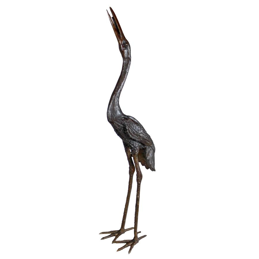 Large Heron Cast Bronze Piped Garden Statue: Head High