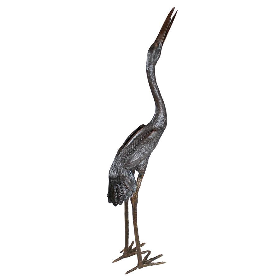 Large Heron Cast Bronze Piped Garden Statue: Head High