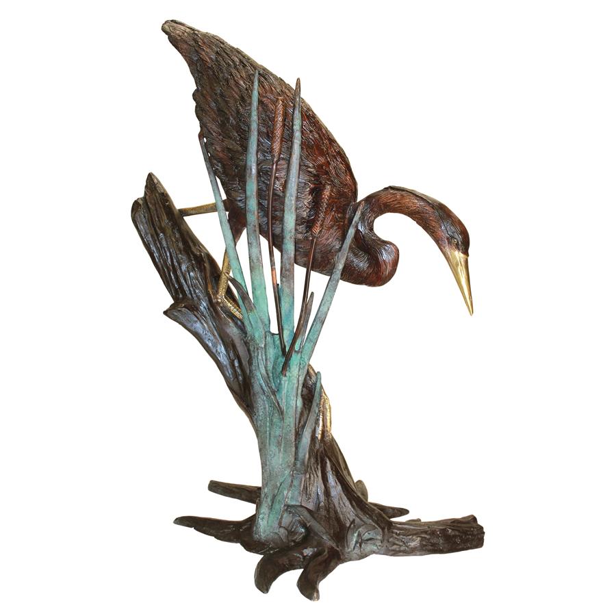 Fishing Heron in Reeds Cast Bronze Garden Statue