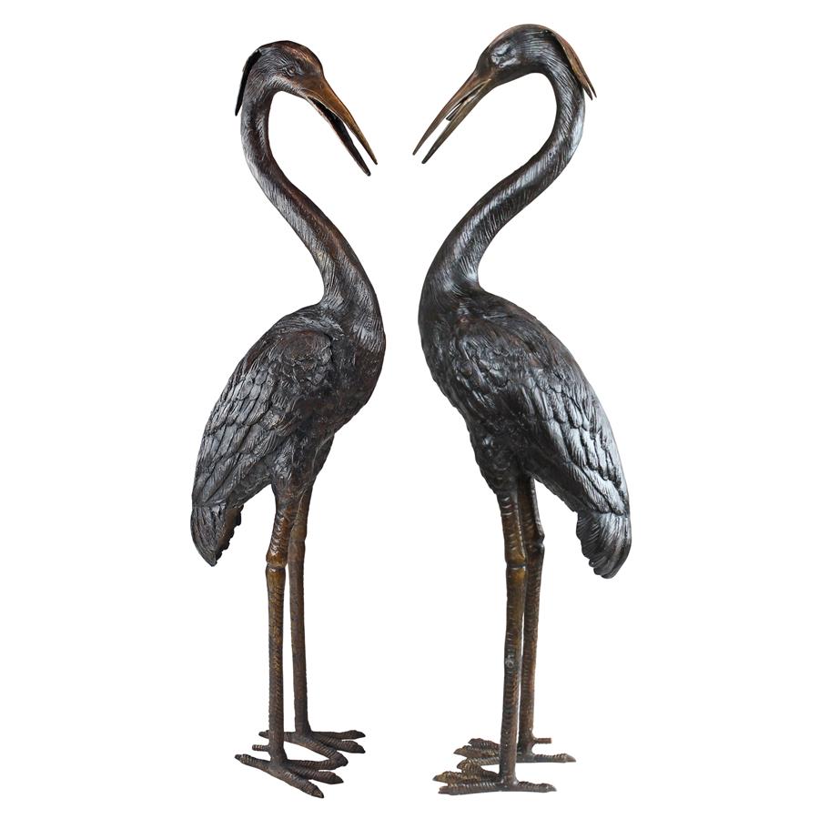 Medium Herons Cast Bronze Garden Statues: Set of Two