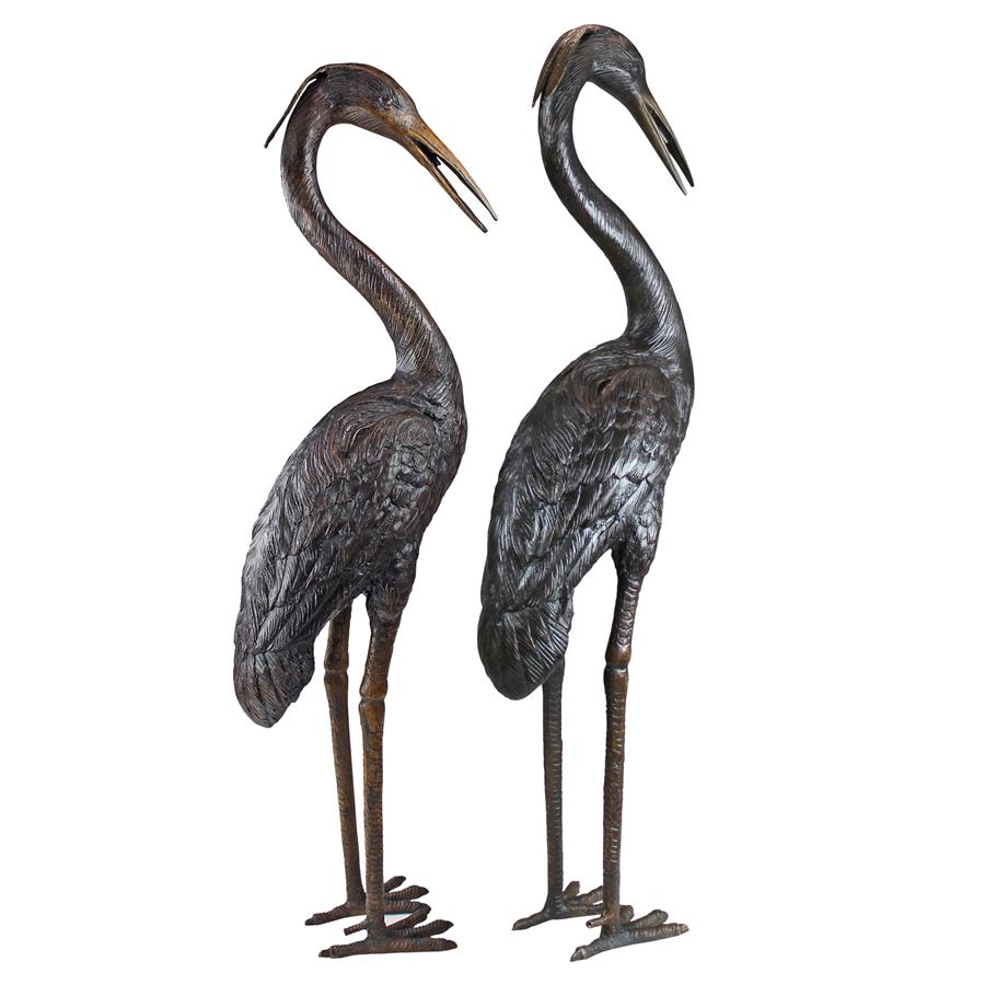 Medium Herons Cast Bronze Garden Statues: Set of Two