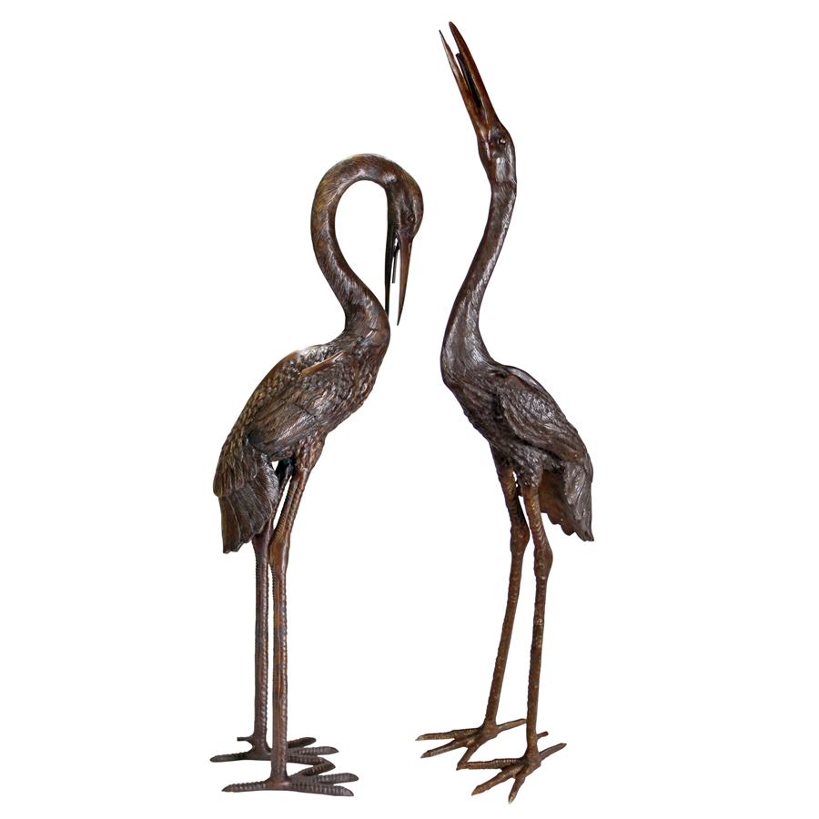 Large Herons Cast Bronze Piped Garden Statues: Set of Two