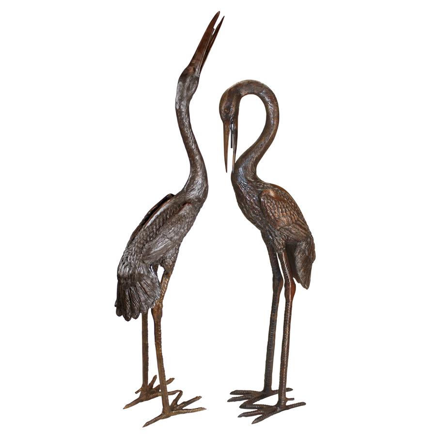 Large Herons Cast Bronze Piped Garden Statues: Set of Two