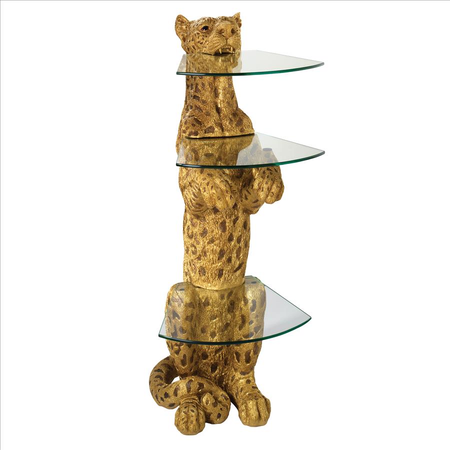 Royal Egyptian Cheetah Sculptural Glass-Shelved Pedestal Table