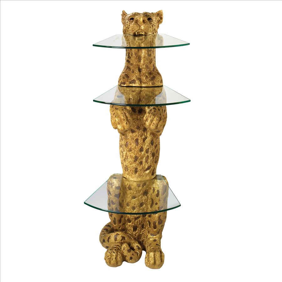 Royal Egyptian Cheetah Sculptural Glass-Shelved Pedestal Table