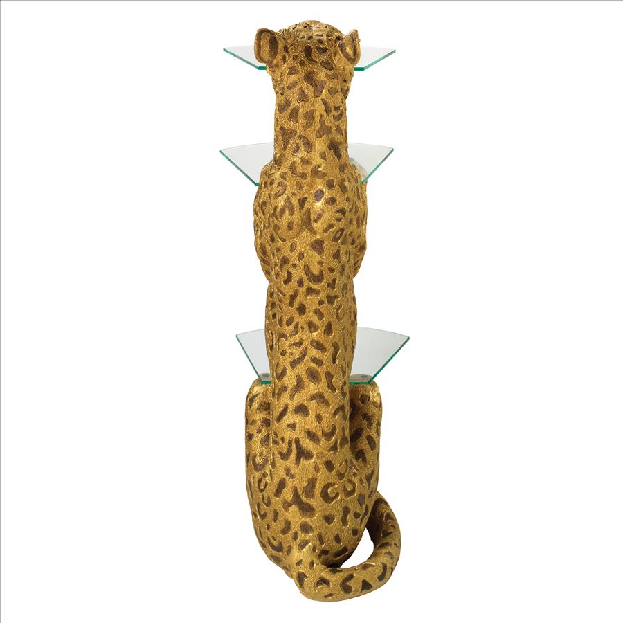 Royal Egyptian Cheetah Sculptural Glass-Shelved Pedestal Table