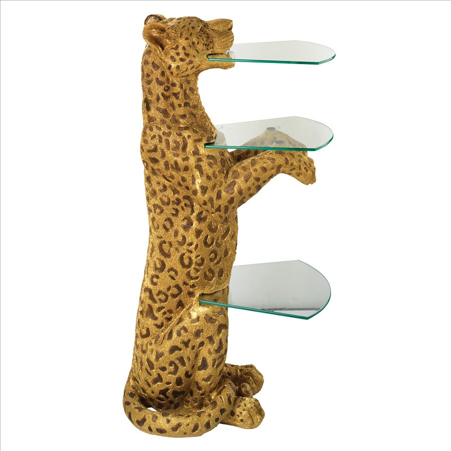 Royal Egyptian Cheetah Sculptural Glass-Shelved Pedestal Table