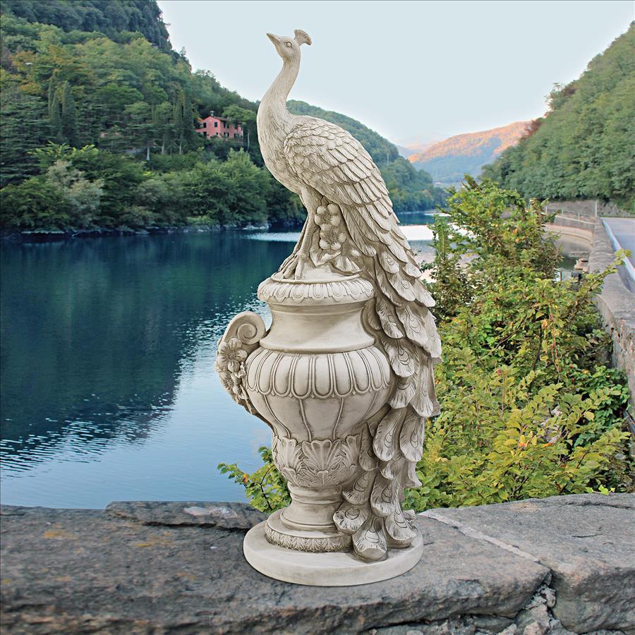 Staverden Castle Peacock on an Urn Garden Statue: Large