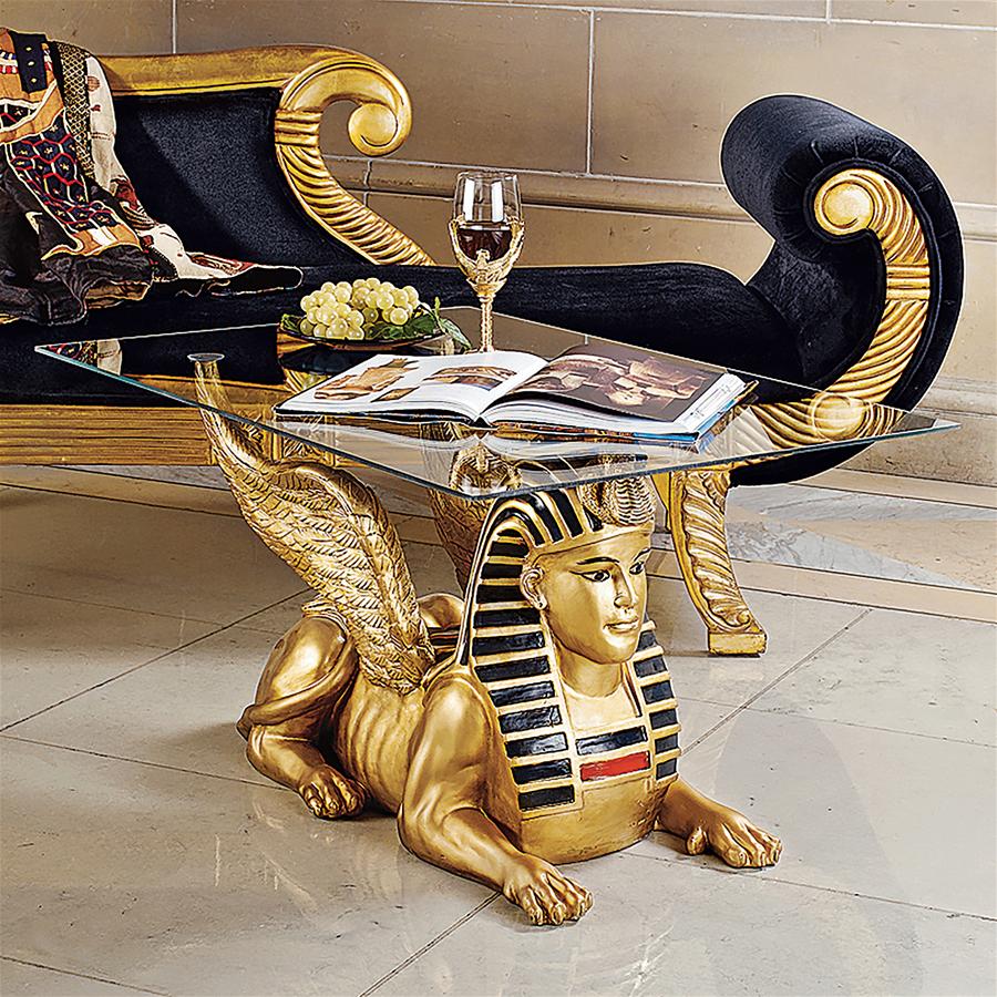 Golden Egyptian Sphinx Glass-Topped Sculptural Table