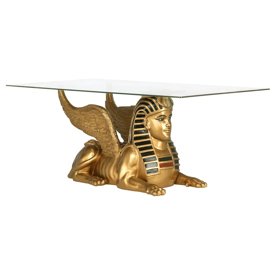 Golden Egyptian Sphinx Glass-Topped Sculptural Table