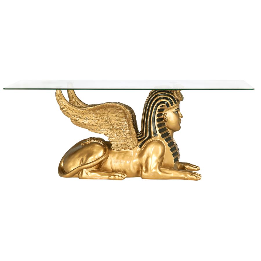 Golden Egyptian Sphinx Glass-Topped Sculptural Table