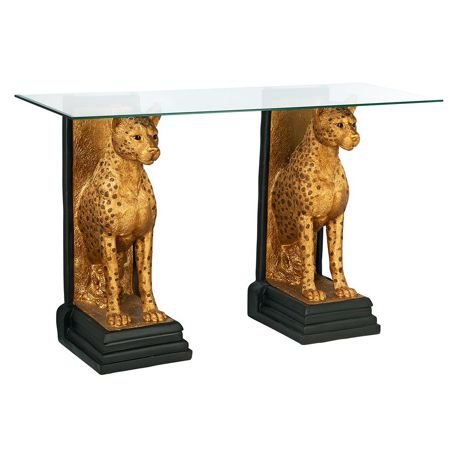 Royal Egyptian Cheetahs Sculptural Glass-Topped Console