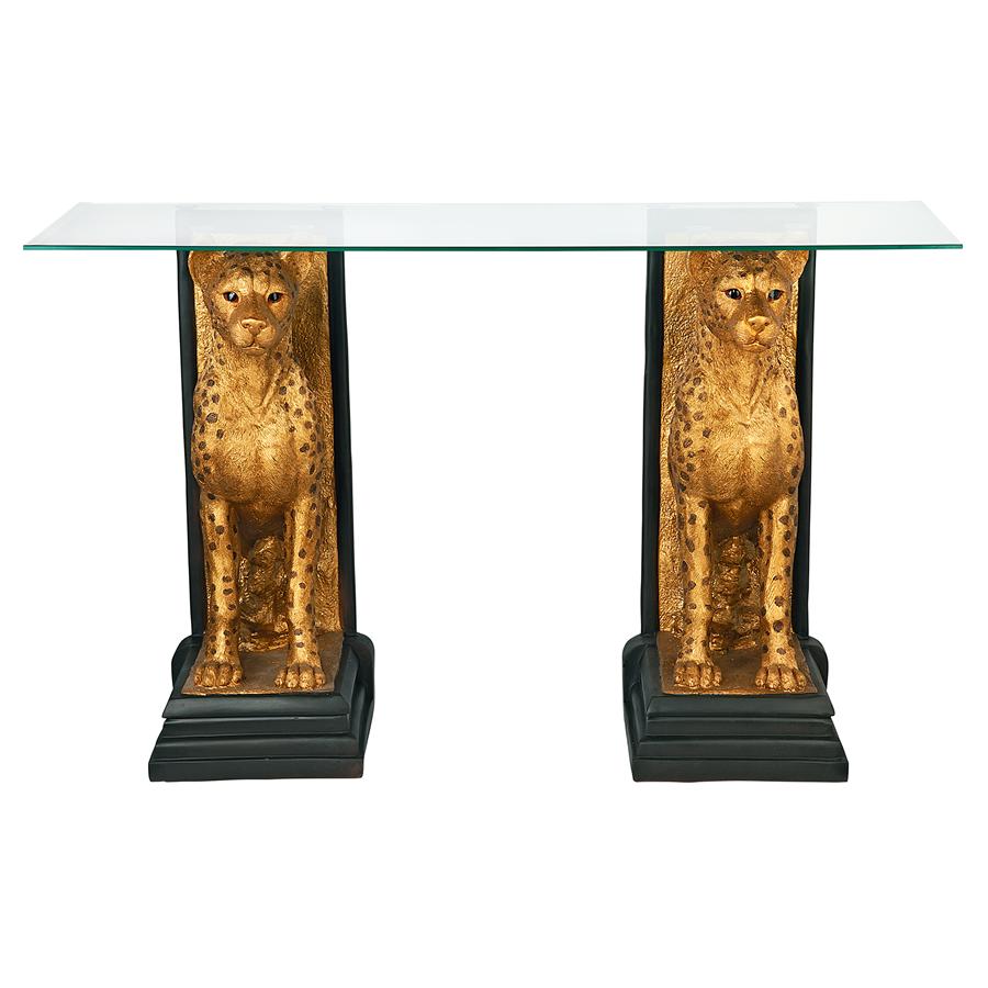 Royal Egyptian Cheetahs Sculptural Glass-Topped Console