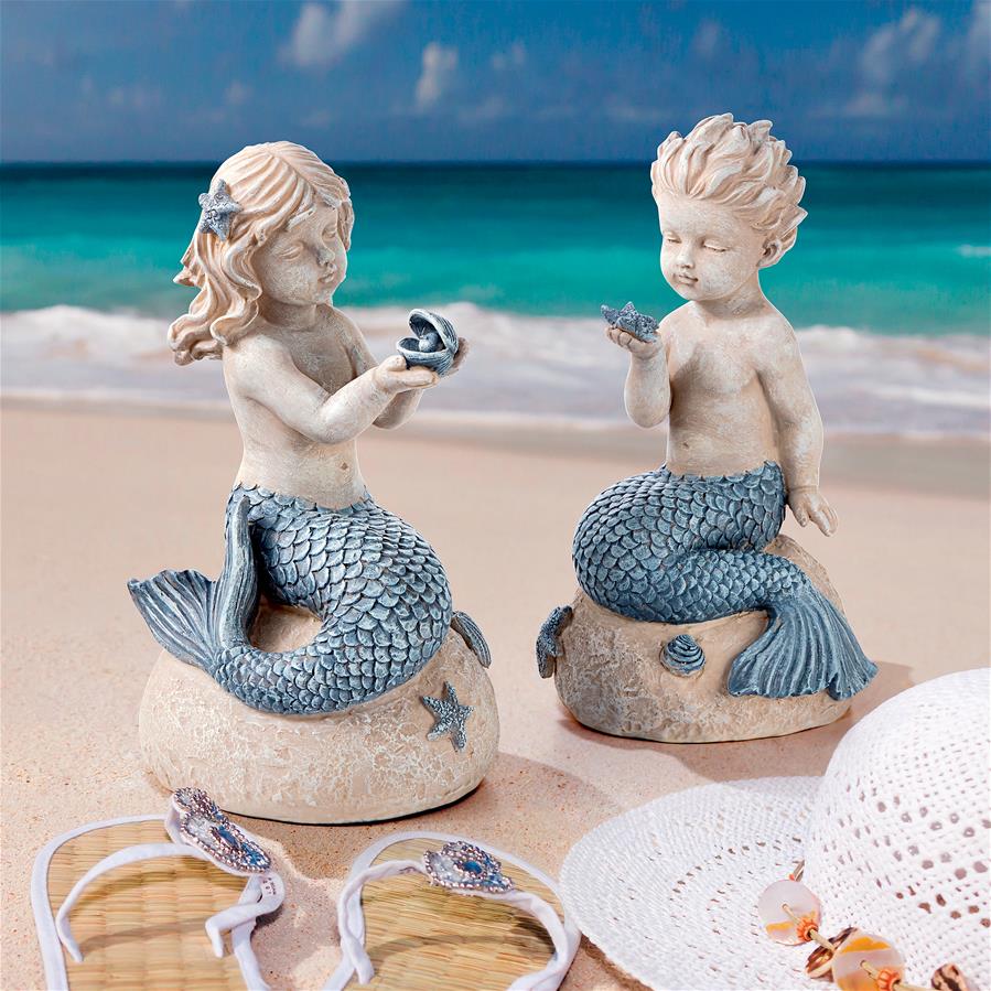 Jewels of the Deep Girl and Boy Mermaid Statues: Set of Two