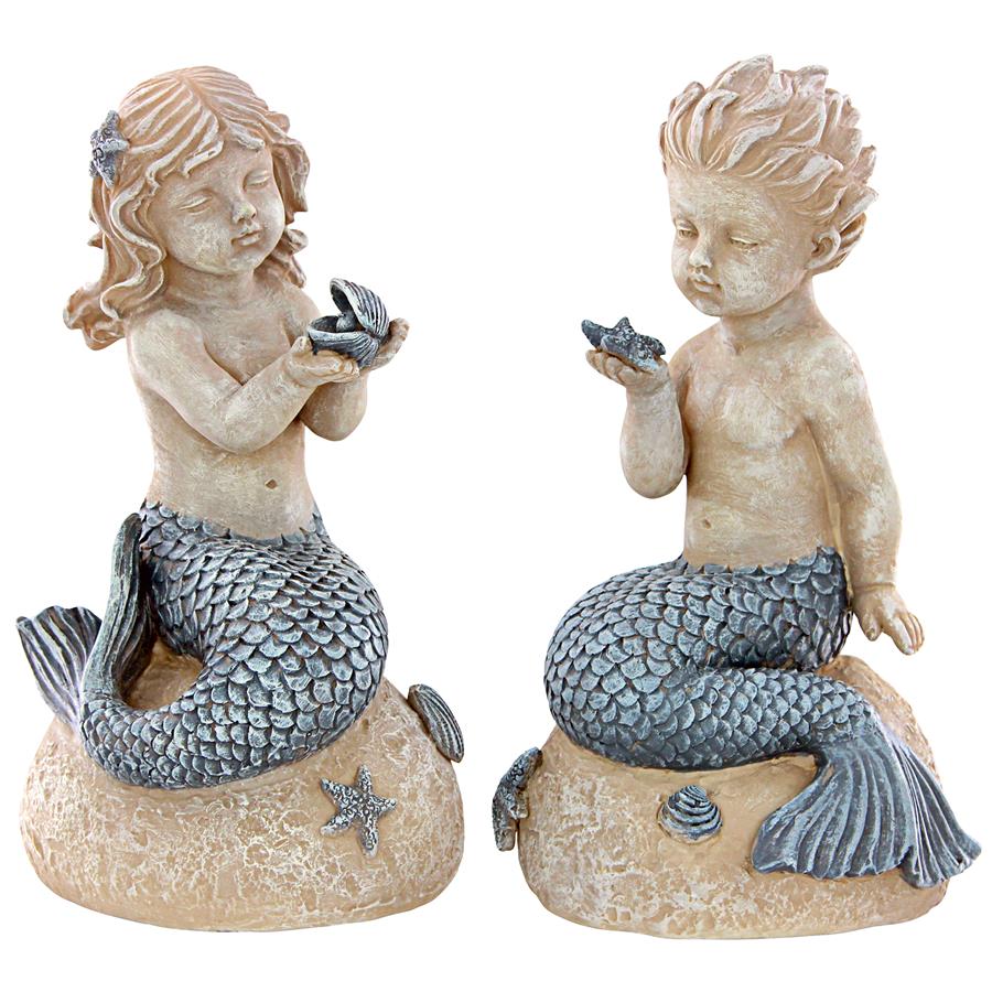 Jewels of the Deep Girl and Boy Mermaid Statues: Set of Two