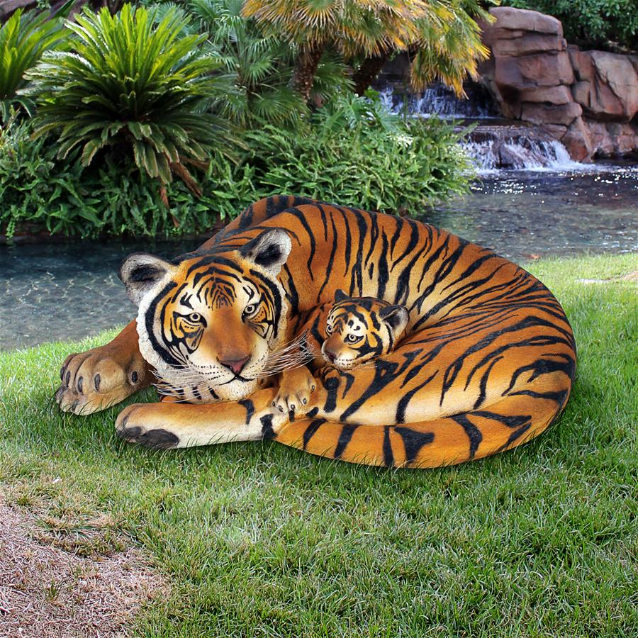 Life-Size Resting Bengal Tigress and Cub Statue