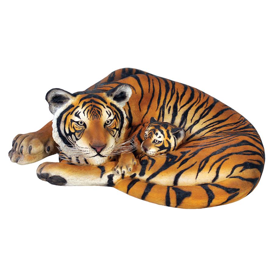 Life-Size Resting Bengal Tigress and Cub Statue