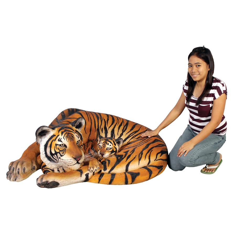 Life-Size Resting Bengal Tigress and Cub Statue