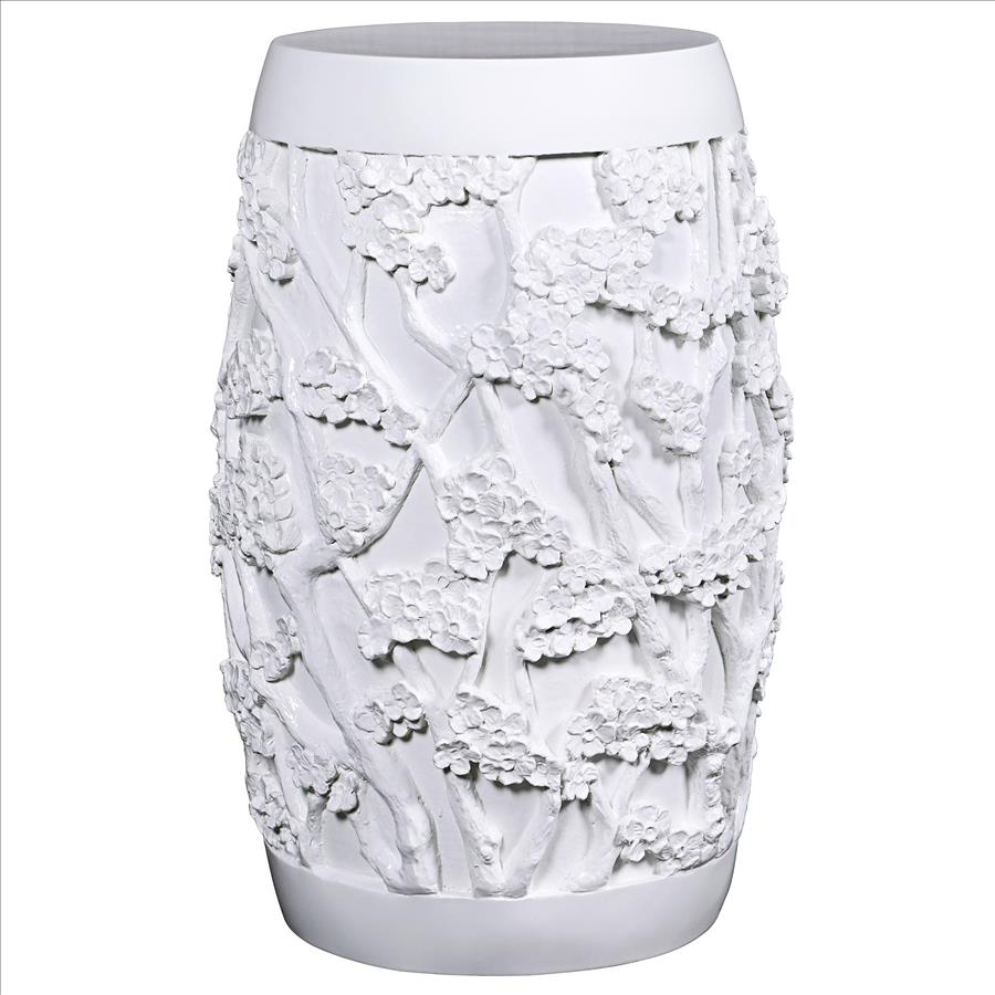 Sakura Cherry Blossom Asian Sculptural Pedestal Table: Gloss White Finish