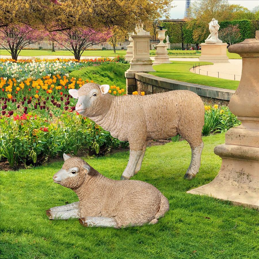 Merino Ewe Life-Size Lambs Statue Collection: Set of Two