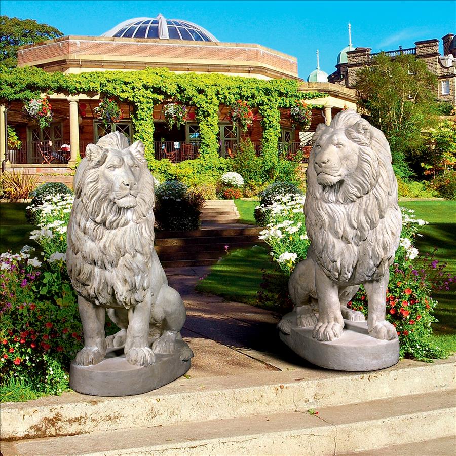 Stately Chateau Lion Sentinel Garden Statues: Set of Left and Right