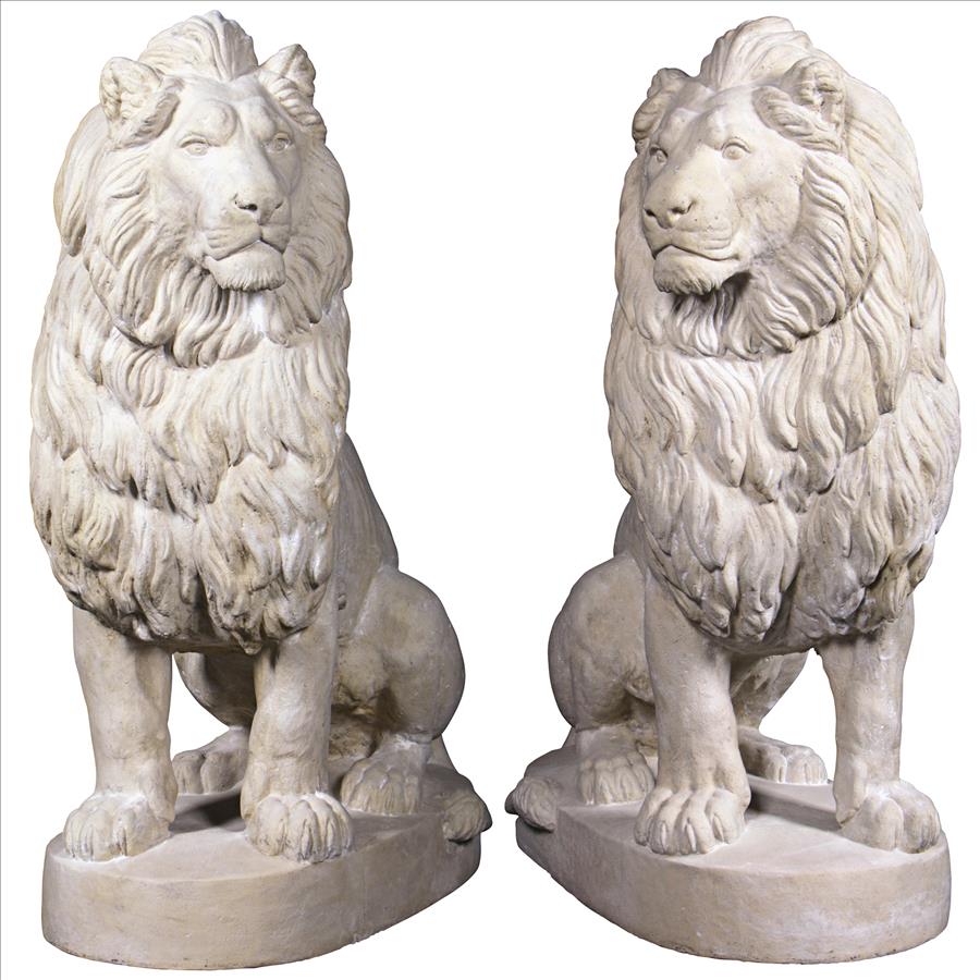 Stately Chateau Lion Sentinel Garden Statues: Set of Left and Right