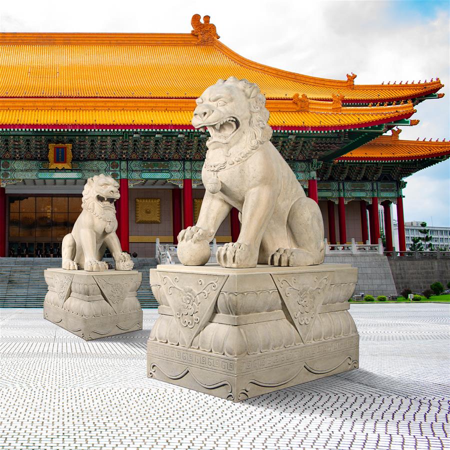 Grand Palace Chinese Lion Foo Dog Statue: Male with Pedestal Base