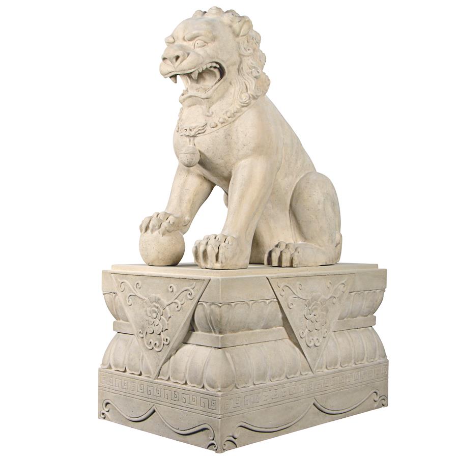 Grand Palace Chinese Lion Foo Dog Statue: Male with Pedestal Base