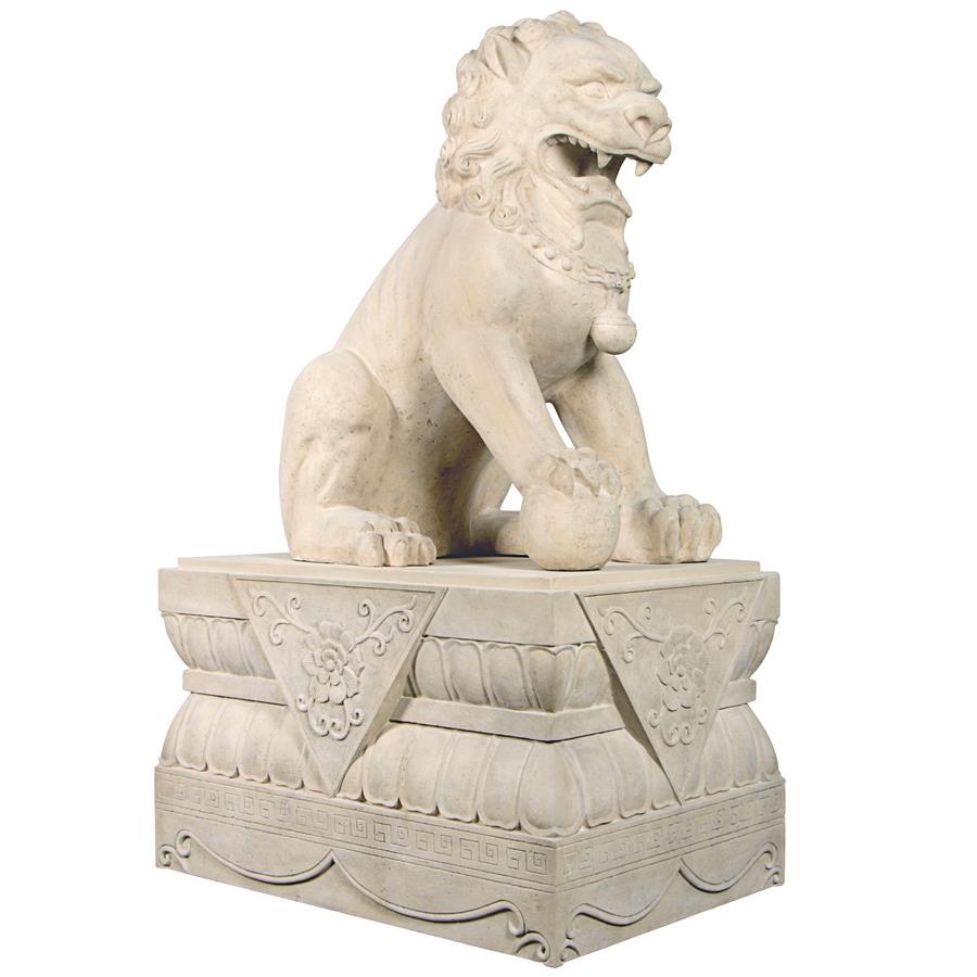 Grand Palace Chinese Lion Foo Dog Statue: Male with Pedestal Base