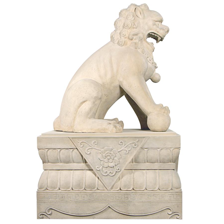 Grand Palace Chinese Lion Foo Dog Statue: Male with Pedestal Base