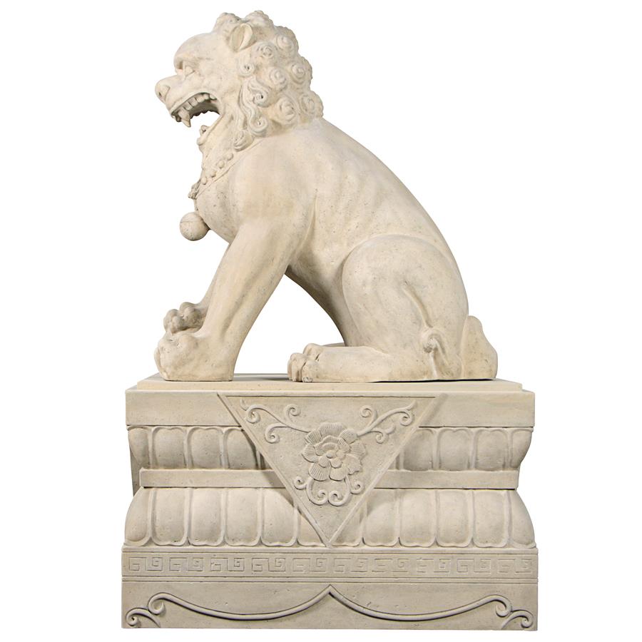 Grand Palace Chinese Lion Foo Dog Statue: Male with Pedestal Base