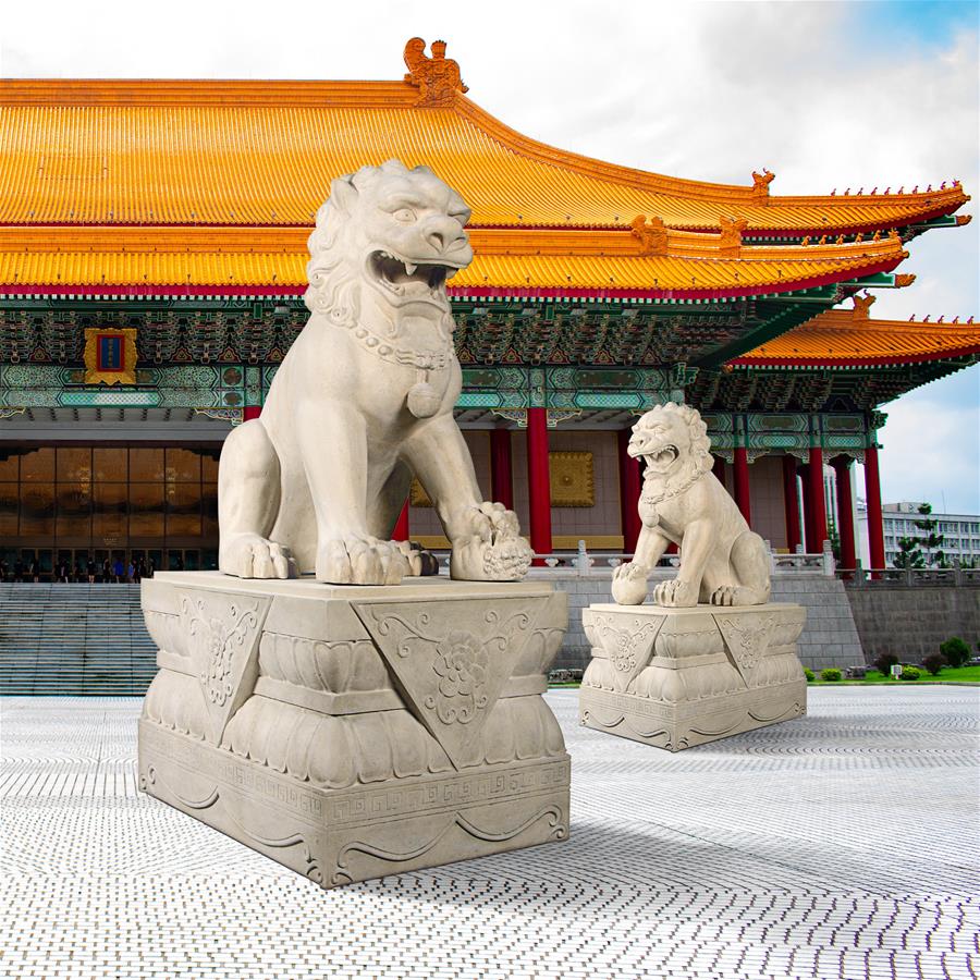 Grand Palace Chinese Lion Foo Dog Statue: Female with Pedestal Base