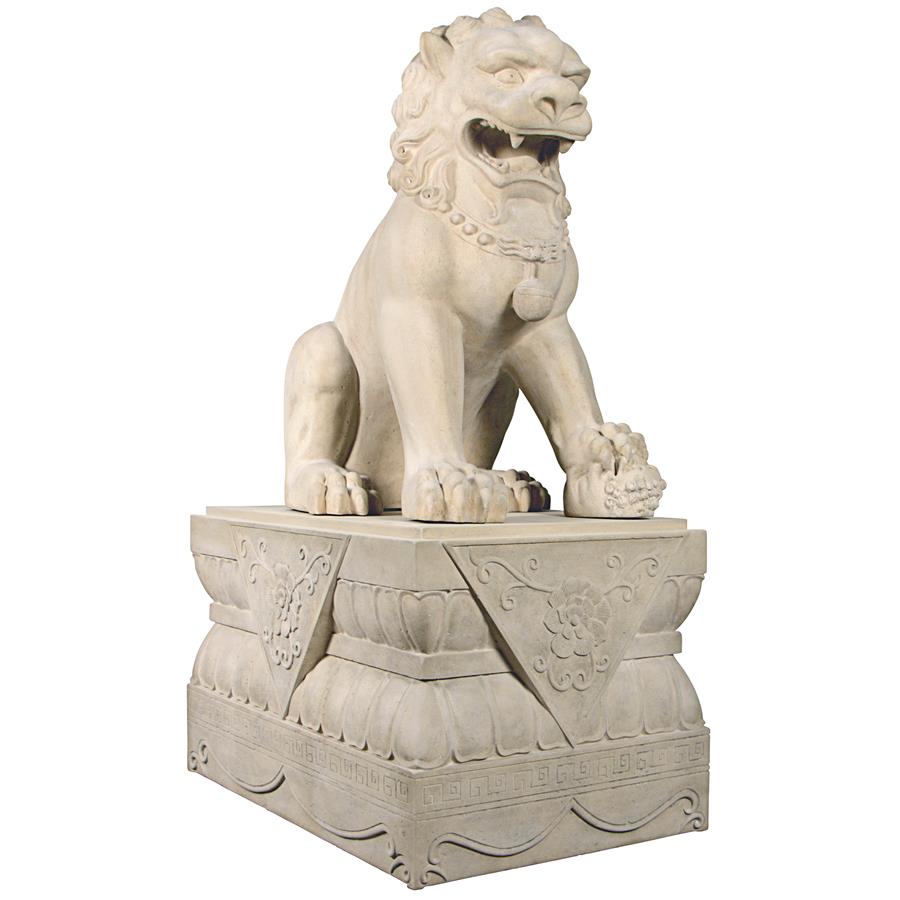 Grand Palace Chinese Lion Foo Dog Statue: Female with Pedestal Base