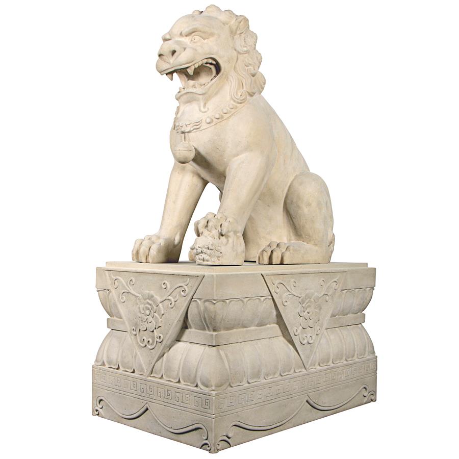 Grand Palace Chinese Lion Foo Dog Statue: Female with Pedestal Base