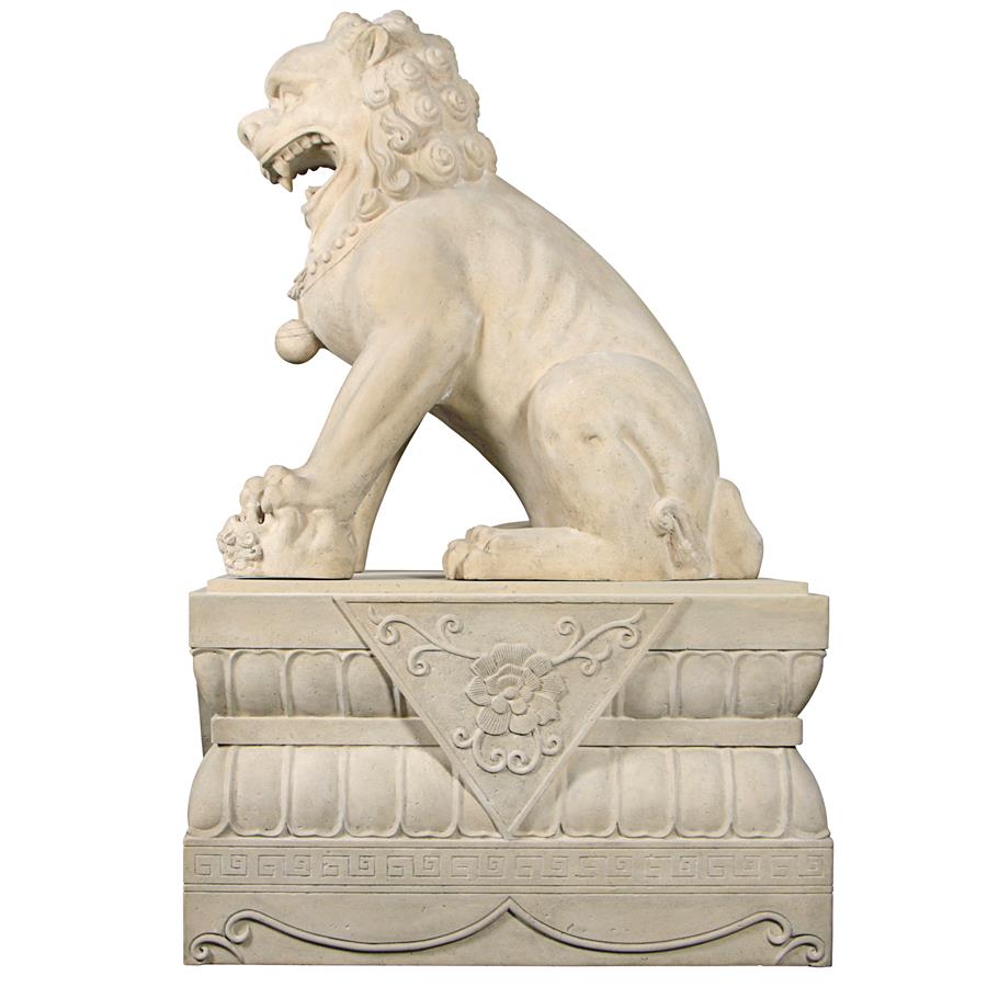 Grand Palace Chinese Lion Foo Dog Statue: Female with Pedestal Base