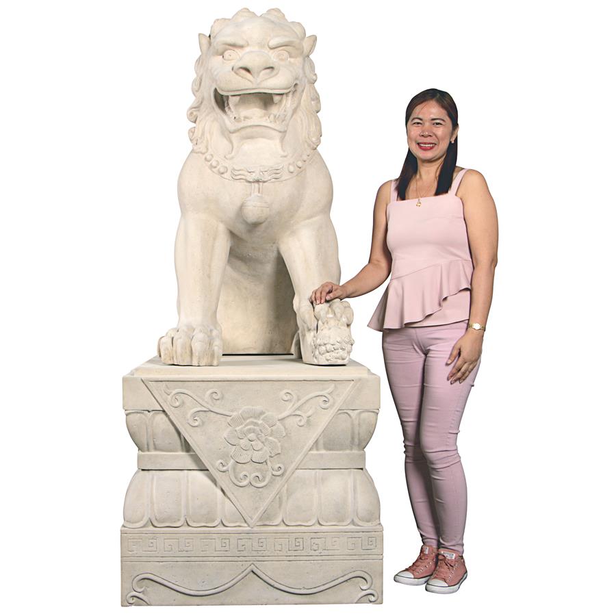 Grand Palace Chinese Lion Foo Dog Statue: Female with Pedestal Base